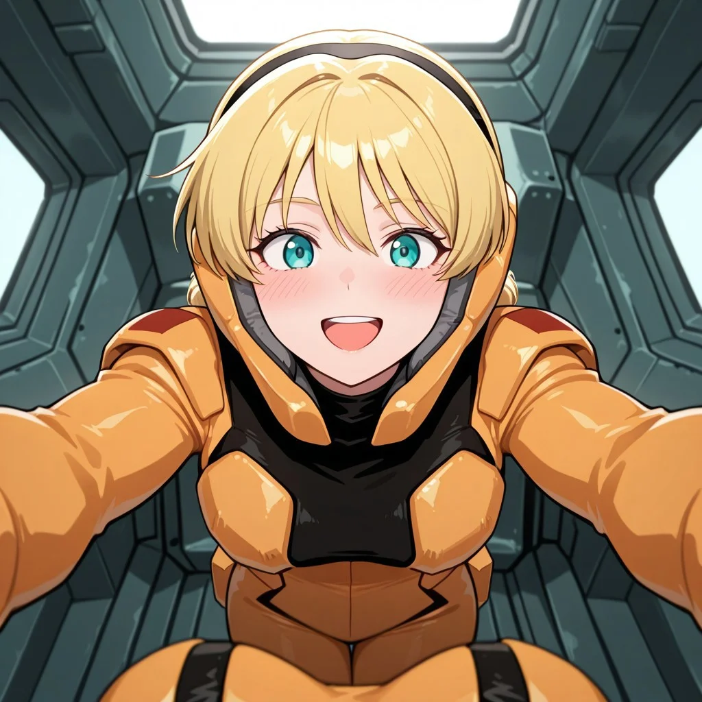 masterpiece, best quality, 32k, high resolution, absurdres, zanscare empire pilot suit, POV, looking at viewer, blush, smile, open mouth, upper teeth only