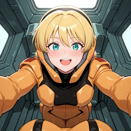 masterpiece, best quality, 32k, high resolution, absurdres, zanscare empire pilot suit, POV, looking at viewer, blush, smile, open mouth, upper teeth only