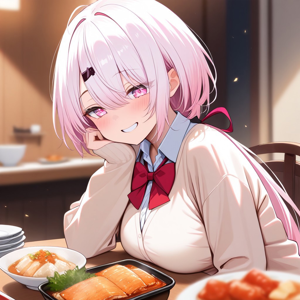masterpiece, high score, great score, absurdres, no blur, perfect anatomy, 1girl,solo, ShiinaYuikaNijisanji, low ponytail, pink eyes, cardigan, red bow, long sleeves, collared shirt, sitting on chair, Food on table, japanese food, Multiple dishes, (smile,happy), blush, depth of field, beautiful face, highly detailed faces and eyes, beautiful eyes, perfect hair, beautiful breasts
