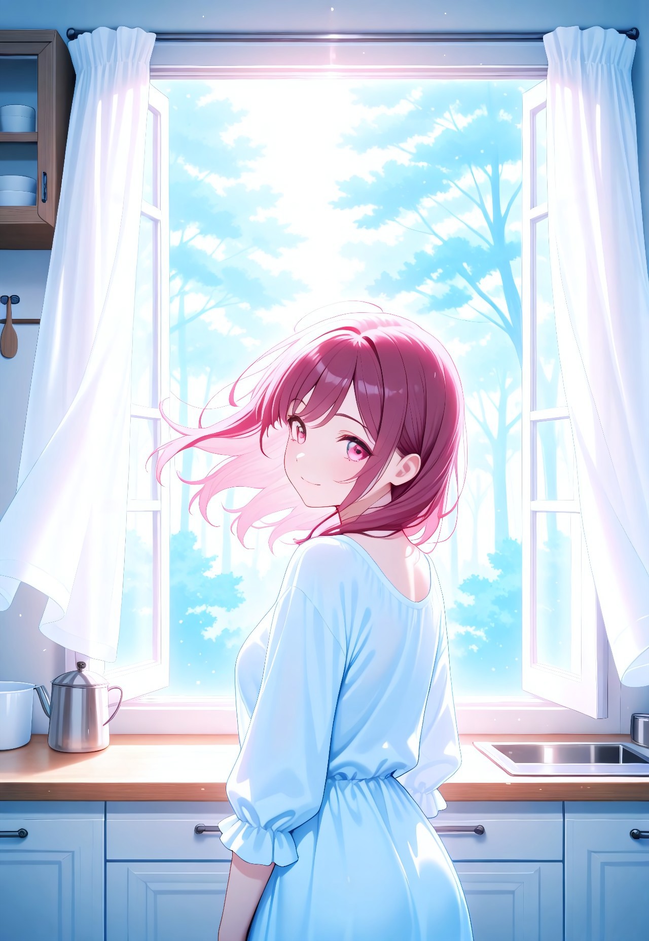 (masterpiece, best_quality, high_quality, absurdres, highres, detailed, amazing_quality, vibrant_colors, very_aesthetic, newest), kitchen, open window, wind, curtains, rim light, light particles, sof light, forest, looking back, tilted_head, light smile, casual_clothing