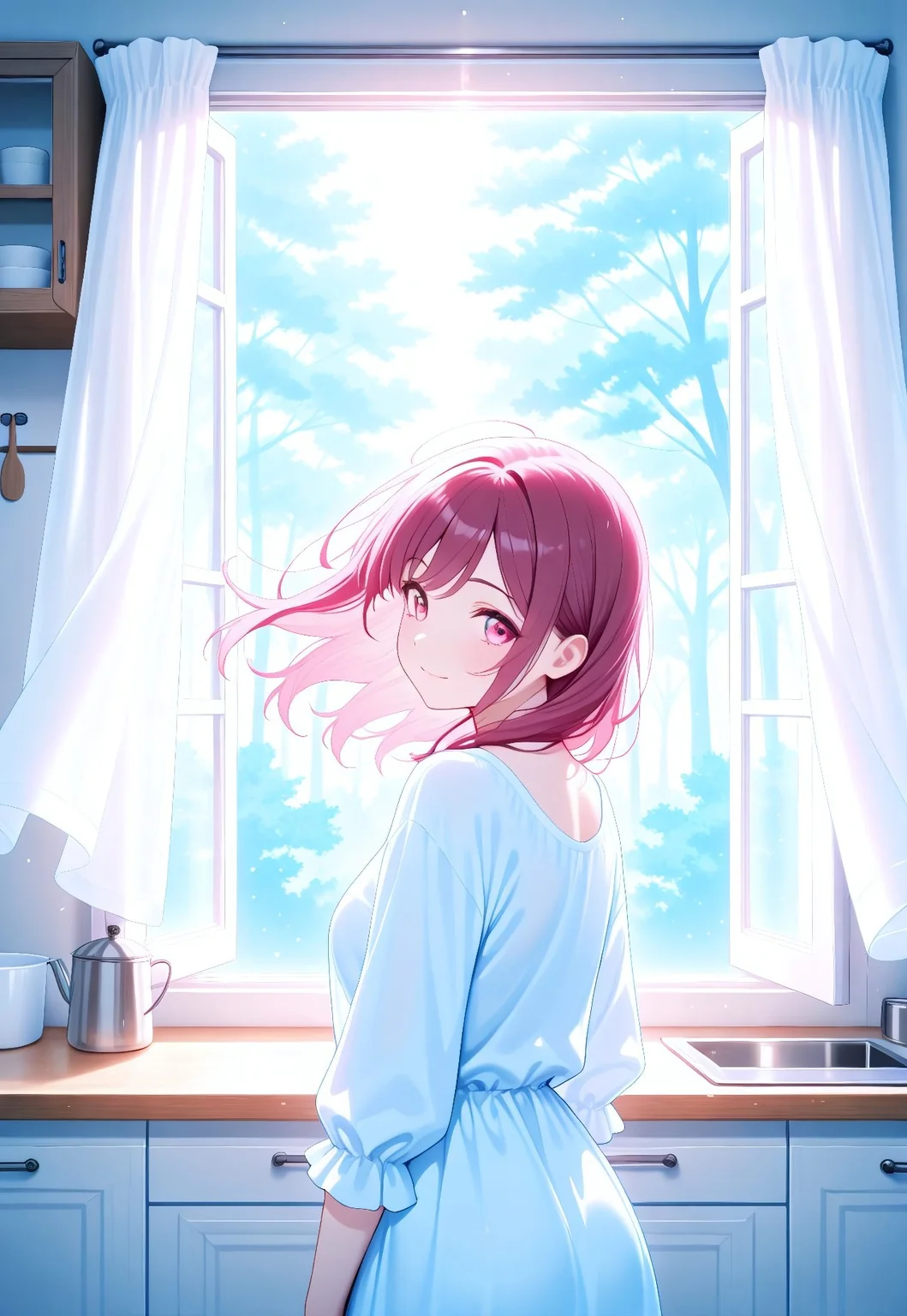 (masterpiece, best_quality, high_quality, absurdres, highres, detailed, amazing_quality, vibrant_colors, very_aesthetic, newest), kitchen, open window, wind, curtains, rim light, light particles, sof light, forest, looking back, tilted_head, light smile, casual_clothing
