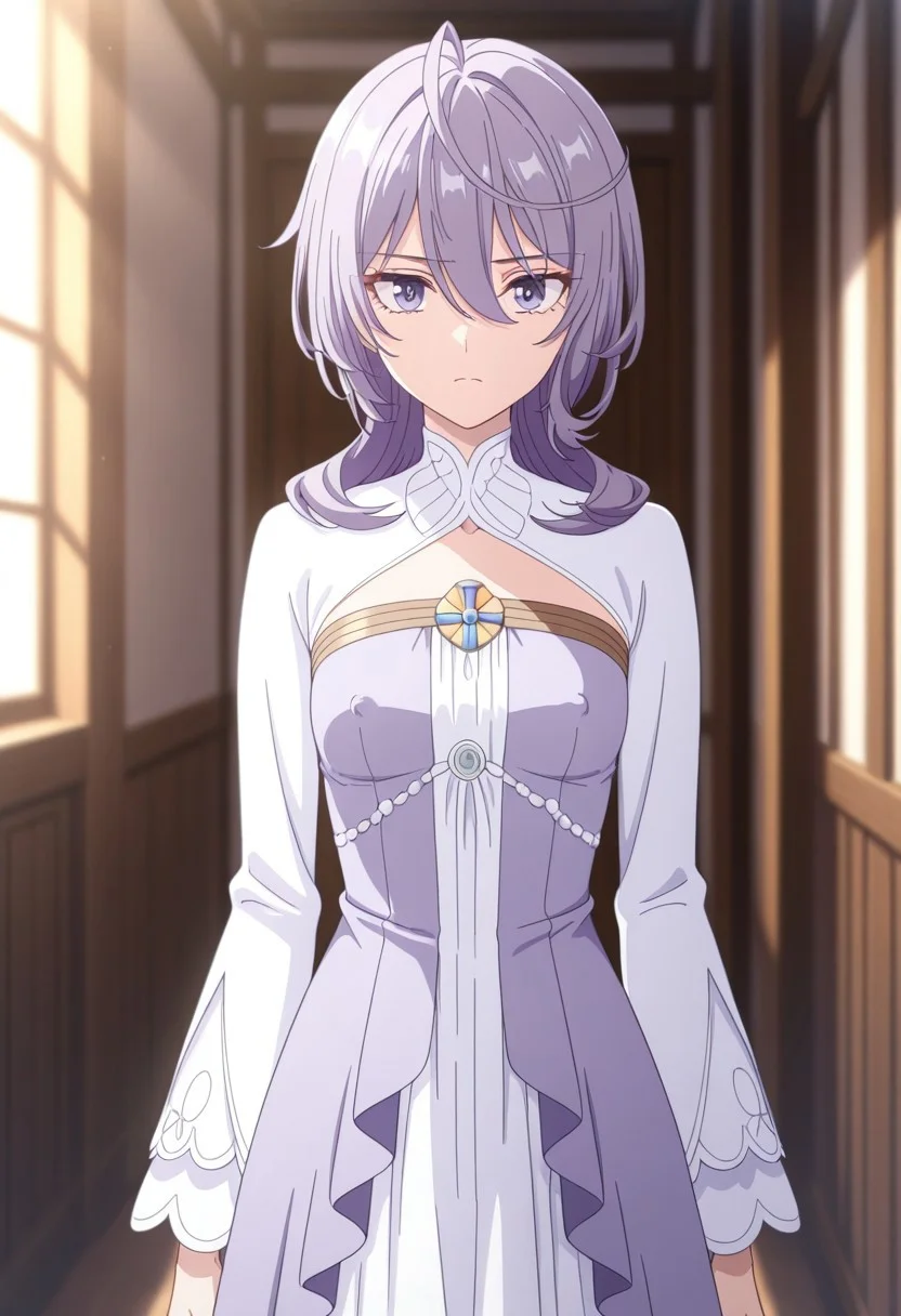 nsfw, philia adenauer, purple hair, ahoge, long hair, blunt bangs, hair over shoulder, hair between eyes, purple eyes, small breasts, erect nipples, closed mouth, serious face, dress, two-tone dress, purple dress, white dress, sidelocks, long sleeves, white shoes, depth of field, soft lighting, dynamic light, masterpiece, best quality, amazing quality, newest, absurdres, highres, high detailed