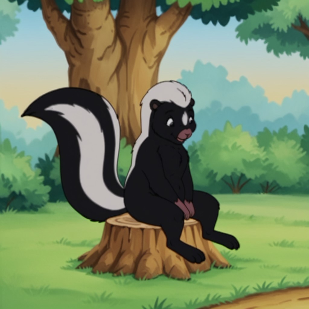 score_9, score_8_up, score_7_up, score_6_up, score_5_up, score_4_up, source_furry, skunkfrnkln, semi-anthro, female, skunk, black fur, outside, sitting, on a tree stump, in a field,