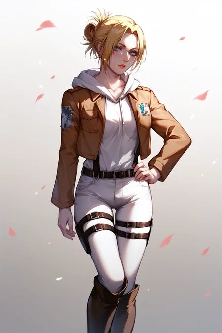 score_9, score_8_up, score_7_up, BREAK source_anime, <lora:annie leonhardt-PonyXL-lora-Faxtron:0.8> annie leonhardt, single hair bun, white hoodie, open cropped brown jacket, white pants, thigh strap, survey corps \(emblem\), knee boots,