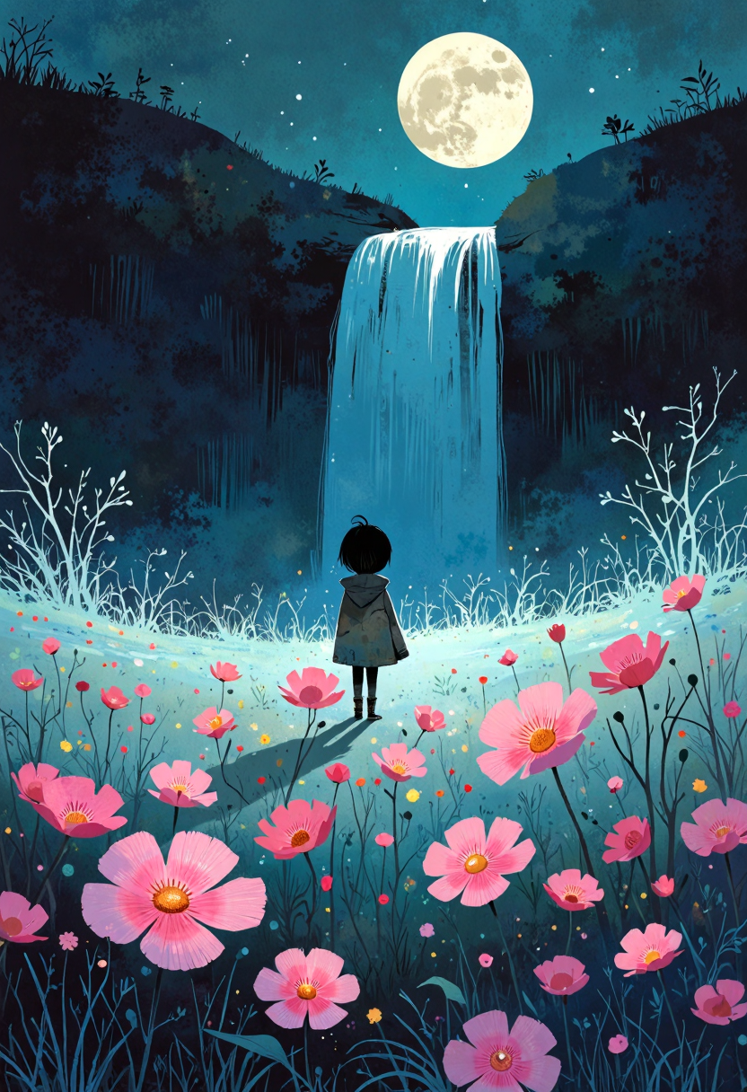 ppstorybook,A field of bioluminescent flowers glowing in the moonlight, with delicate tendrils reaching toward a shimmering waterfall in the background, captured in a fantasy art style with soft, glowing details and pastel hues.