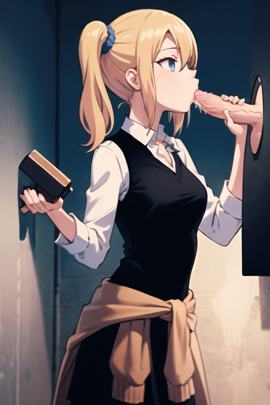 masterpiece, best quality, ultra-detailed, 1girl, glory hole, fellatio, penis, aahayasaka, side ponytail, medium breasts, necklace, collared shirt, black vest, sleeves rolled up, clothes around waist, black skirt