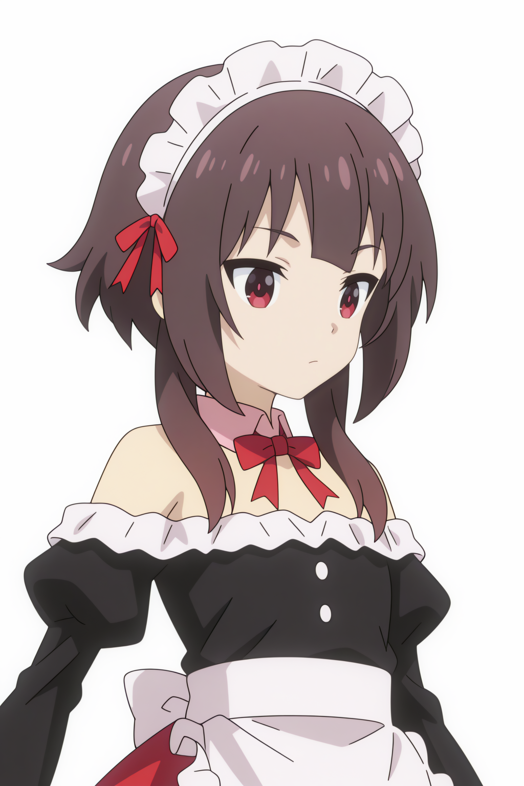 upper body,  Megumin, enmaided, maid, maid headdress, off-shoulder dress, puffy sleeves, red skirt, apron   <lora:Konosuba_Bakuen_-_Megumin_-_illustrious:0.8>