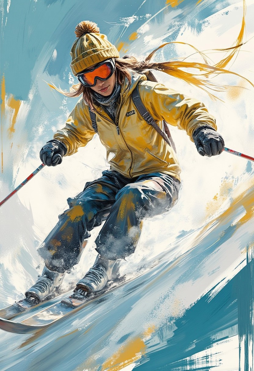 photorealistic image of a woman with long flowing blonde hair, bobble hat and ski goggles, skiing down a hill at speed, abstract background