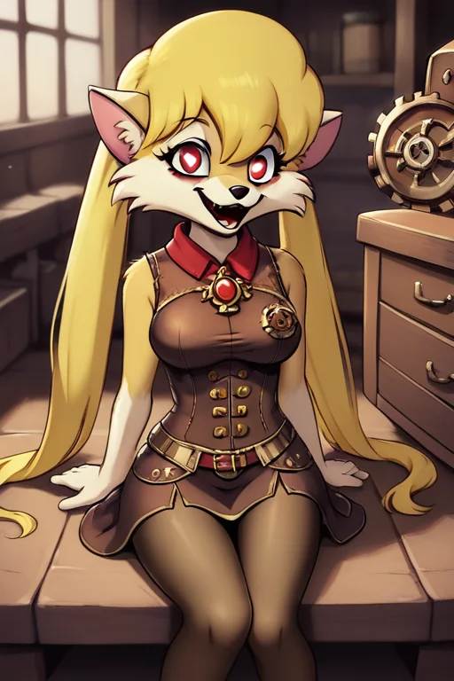 score_9, score_8_up, score_7_up, CleoCatillac,(furry art,),1girl, fox ears,long twintails, a female (anthro furry:1.3) , fantasy, (steampunk:1.2), skirt,yellow hair, back dress, girdle,,(amazed look:1.5), (crazy:1.2), big gears , brass, cloak, detailed eyes,cowboy shot, sitting on floor , workshop, heart shaped pupils , medium  breasts, ,tall,skinny, pantyhose, looking to viewer, (red eyes),<lora:Cleo_Catillac_Pony:0.6>,