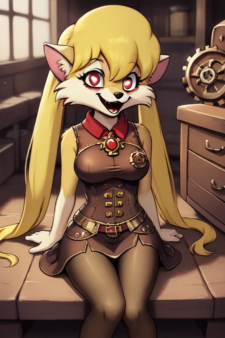 score_9, score_8_up, score_7_up, CleoCatillac,(furry art,),1girl, fox ears,long twintails, a female (anthro furry:1.3) , fantasy, (steampunk:1.2), skirt,yellow hair, back dress, girdle,,(amazed look:1.5), (crazy:1.2), big gears , brass, cloak, detailed eyes,cowboy shot, sitting on floor , workshop, heart shaped pupils , medium breasts, ,tall,skinny, pantyhose, looking to viewer, (red eyes),<lora:Cleo_Catillac_Pony:0.6>,