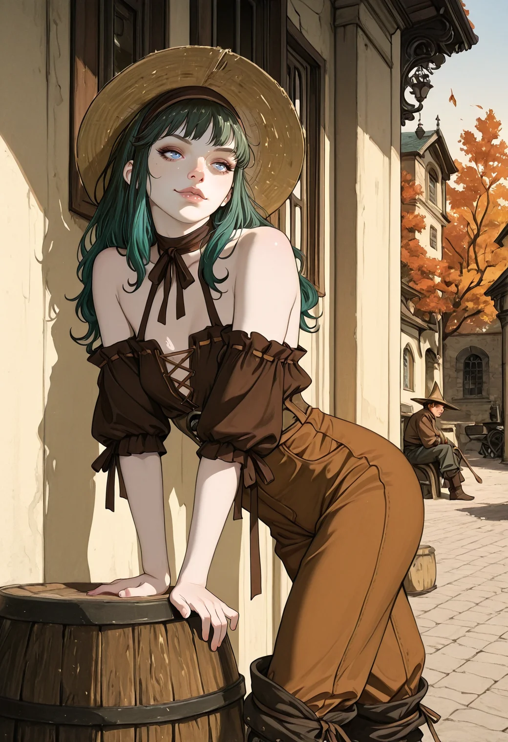 realistic, very awa, ambient occlusion, ray tracing, [sei shoujo], [yoshiten], [takeuchi_takashi], [libbyframe], style parody, [bang_dream!], [arcane:_league_of_legends], [league_of_legends], saturated, colorful, (dynamic angle:1.3), (cowboy shot:1.2) BREAK 1girl, solo, <lora:human:0.7> human, european appearance, deep azure hair, layered cut hair with hairband, blue eyes, (pale skin:1.2), gangly body, thin thighs, long legs, small breasts, perfect hands, shiny lips, (amused), BREAK witch, wearing ribbon-trimmed (detailed dark green velvet halter), barrel pants, velvet flats, rice hat, <lora:Witchy_Cottagecore_Illu_Edition:0.6> W1tchyC0ttagec0re BREAK medieval, fantasy, outdoors, fantasy town, brown_red painted buildings, clay streets,, urban details, plaza, reclining, sitting, sitting sideways , arms resting, against wall, autumn, day, cool hard light, cinematic lighting BREAK <lora:Sketchy_Pinup_Style_Illu_Edition:0.7> SP-Illu <lora:E-Girl_PFP_Style:0.6> EGirlPFP <lora:Face_Enhancer_Illustrious:0.6>