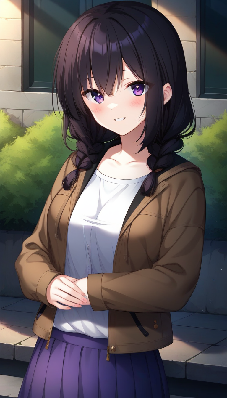 score_9,score_8_up,score_7_up,score_6_up BREAK official art,solo,outdoors,upper body,(portrait:1.5),looking at viewer,facing viewer,smile,blush,Saeshiro Misumi,medium hair,black hair,shiny hair,twin braids,hair over shoulder,hair between eyes,bangs,purple eyes,collarbone,brown jacket,open jacket,white shirt,long sleeves,medium breasts,long skirt,purple skirt,pleated skirt,white socks,black footwear,<lora:Saeshiro Misumi(mnm)-Pony:1.4>,