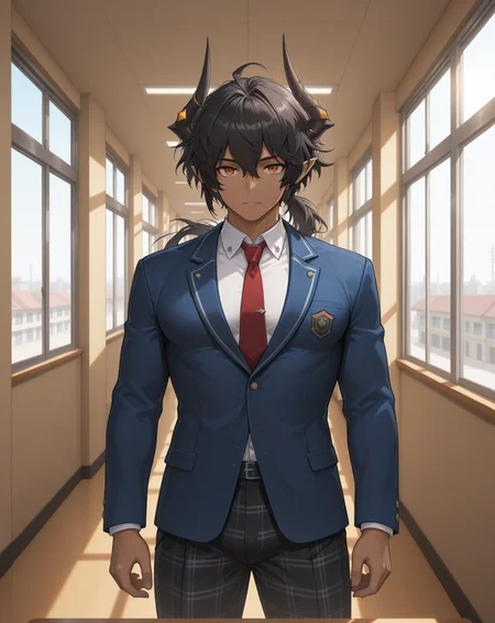 masterpiece,best quality,amazing quality, newest, very aesthetic, absurdres,
1boy, solo, yaoi, male focus, looking at viewer, cowboy shot,
<lora:Sol_Limit_Break:1> lbsol, dark skin, horns, dark-skinned male, pointy ears, black hair, orange eyes, muscular male, hair between eyes, ponytail,
school uniform, white shirt, collared shirt, blue jacket, red necktie, black pants, plaid pants,
indoors, school, hallway, window, day, sun,