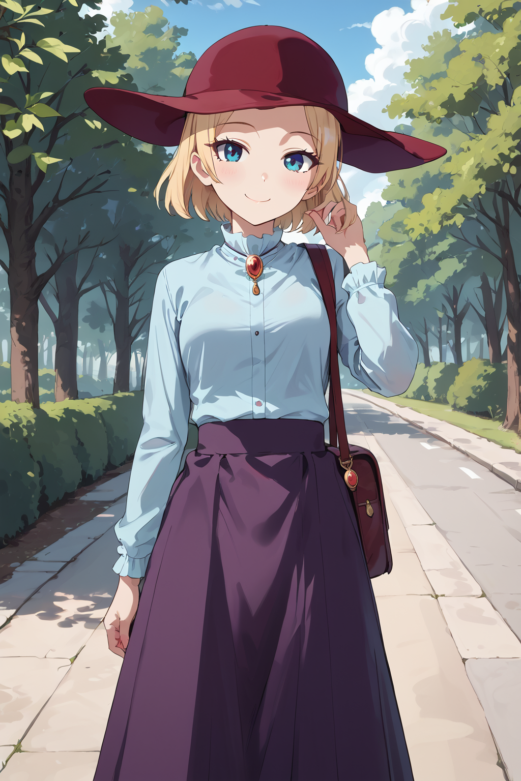 score_9, score_8_up, score_7_up, , source_anime, BREAK,   <lora:hasakamama_pony-000009:0.8> hayasakamama, 1girl, solo, blonde hair, blue eyes, looking at viewer, short hair, long sleeves, blue shirt, ruby brooch, purple skirt,  , smile, long skirt, red hat, outdoors, cowboy shot,