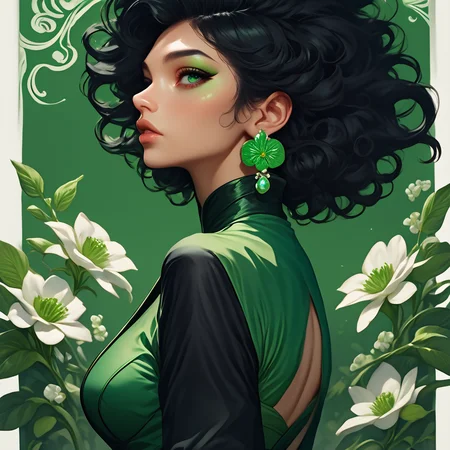 core_9, score_8_up, score_7_up, score_6_up, <lora:Ars_Niji_Style_Pony:1> ArsNijiStyle, The image is a digital illustration of a young woman with dark hair and green eyes. She is wearing a black and green outfit with a high neckline and long sleeves. Her hair is styled in loose curls and she is adorned with white flowers and green leaves. The background is a bright green color with a white circle in the center. The woman is looking off to the side with a peaceful expression on her face. The overall style of the illustration is elegant and whimsical., 1girl, solo, black hair, flower, earrings, jewelry, parted lips, green eyes, upper body, profile