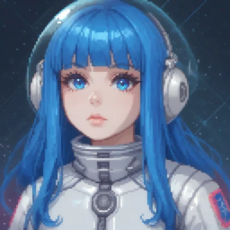 qxys,1girl, solo, bangs, looking at viewer, space helmet, blunt bangs, portrait, blue eyes, lips, closed mouth, blue hair, eyelashes, spacesuit, chromatic aberration, long hair, shiny, upper body, expressionless, holographic color,