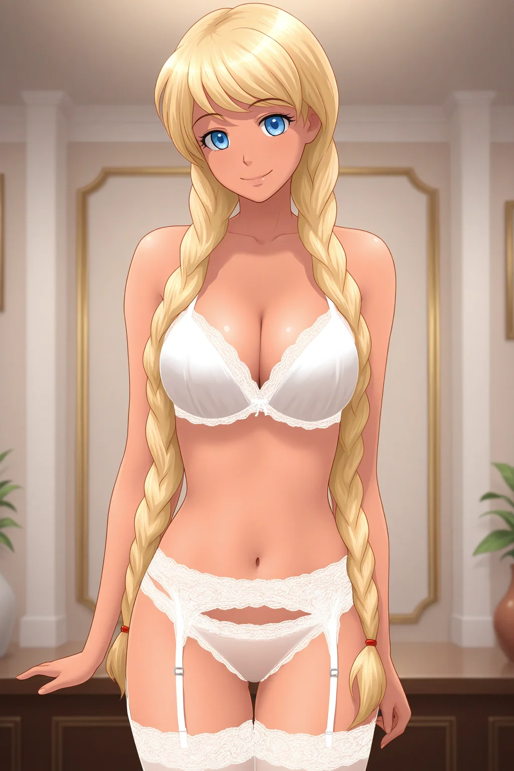 masterpiece, best quality, amazing quality, very aesthetic, absurdres, slavia, solo, looking_at_viewer, cleavage, large_breasts, closed_mouth, smile, twin_braids, long_hair, white_bra, lace-trimmed_bra, navel, white_panties, lace-trimmed_panties, white_garter_straps, white_legwear, lace-trimmed_legwear, thighs, standing, indoors, <lora:SlaviaPioneer(ILLUSTRIOUS)-000005:1> blonde_hair,