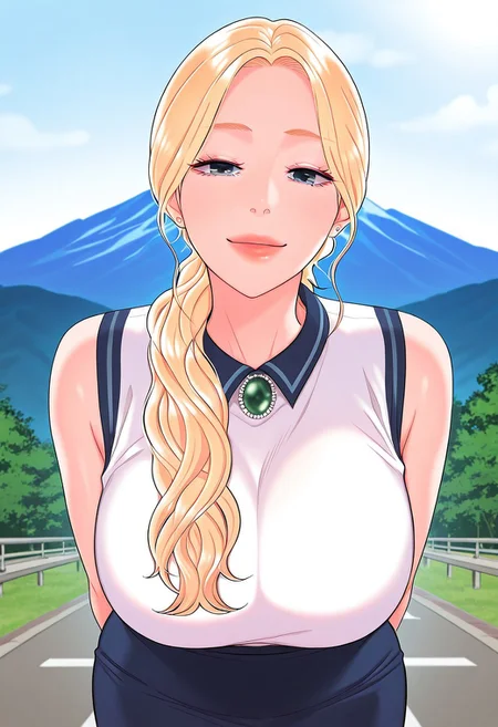 score_9, score_8_up, score_7_up, score_6_up, source_anime, BREAK, 1girl, solo, (( <lora:mi-yeon:1> , mi-yeon, thin waist, wide hips, beautiful skin, beautiful blue eyes, clear eyes, bright pupils, beautiful eyes, beautiful blonde hair, beautiful long hair, hair over shoulder, low ponytail, huge and shaggy breasts, natural beauty, extraordinary beautiful woman, attractive woman, super sexy woman, lustful body, sexy woman with seductive obscene body, sensual body, voluptuous body, sexy beauty, no piercings, no piercing, )), (beautiful sleeveless white shirt with blue edge and collar, green stone accessorie, blue pencil skirt, )) closed mouth, sexy pose, seducative smile, outside, mountain, looking at viewer, horny, seductive, hands behind back, standing, from below, cowboy shot, front view, closing up, leans forward, huge cleavage, no earrings, no piercings, no piercing, perfect ears,