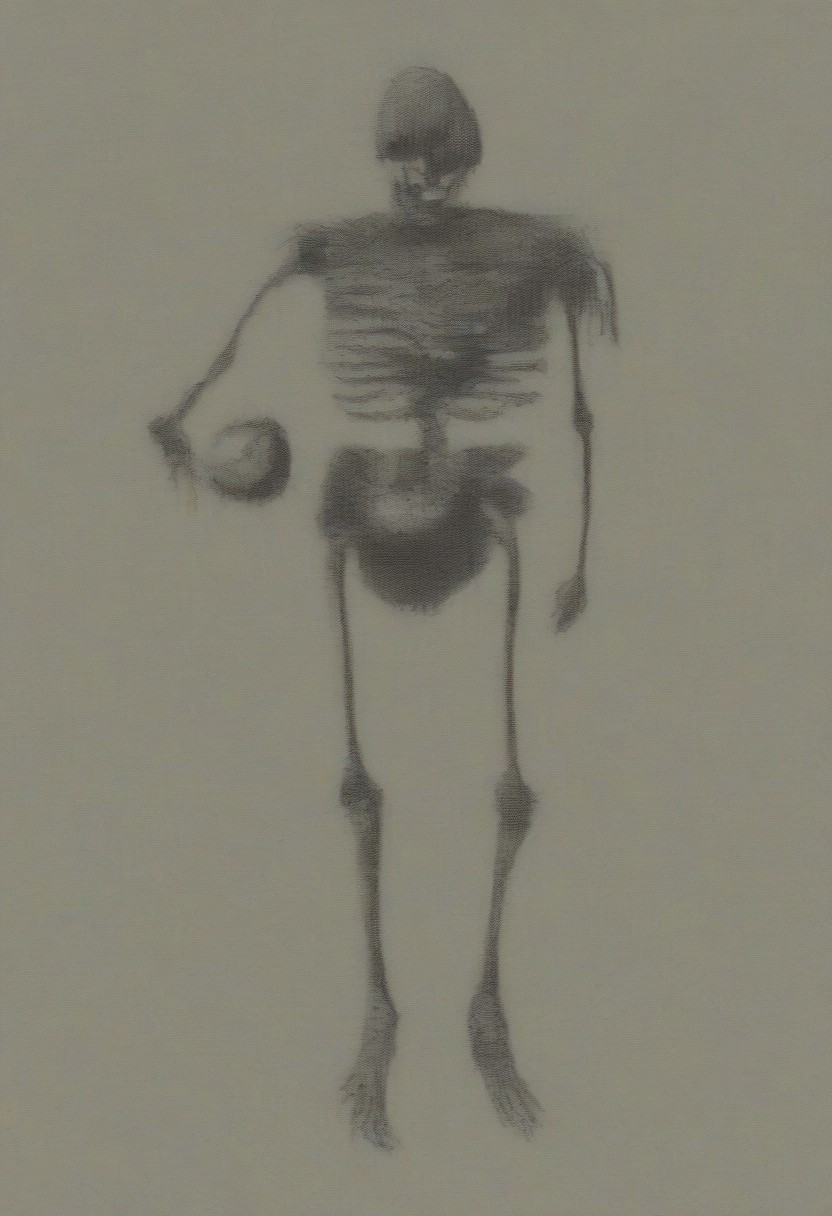 vermis style, solo, simple background, skeleton, holding an pumpkin in his hands