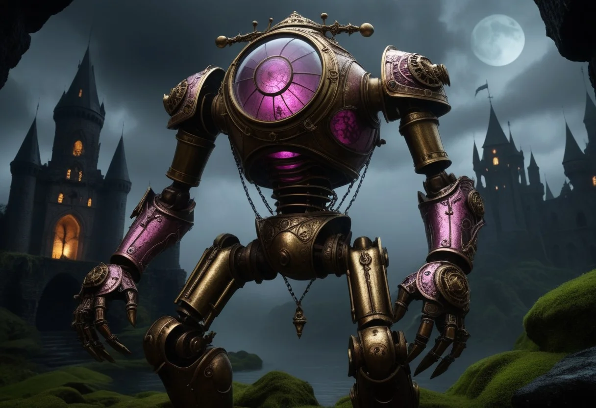 giant bipedal robot brass and dark pink striped paint, bronze paisley robot. lacy robot metal. glass jar helmet torso head. outside of a steampunk keep. large detailed torso. dark image. one forty foot tall ancient robot with great arms and two heavy spring legs. dark foggy night background. $dark foggy night image only. dark photo realistic image. steampunk details. cogs, chains and pipes incorporated in the fantasy buildings. magic wizards tower in background. Dark swamp, moss, castle ruins, wizards tower. stormy dark night. stormy sky. rain
