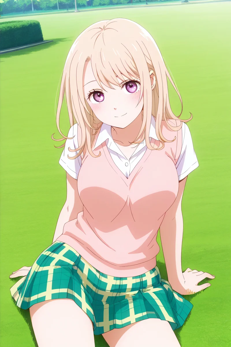 kawai mona, 1girl, long hair, breasts, looking at viewer, smile, skirt, blonde hair, shirt, school uniform, jacket, white shirt, short sleeves, pleated skirt, miniskirt, purple eyes, plaid, plaid skirt, sweater vest, grass, park background, contrapposto, alone, blonde hair, <lora:kawai_mona_km_illus:1> <lora:HandFixer_pdxl_Incrs_v1:1> cowboy shot, sitting on the grass,