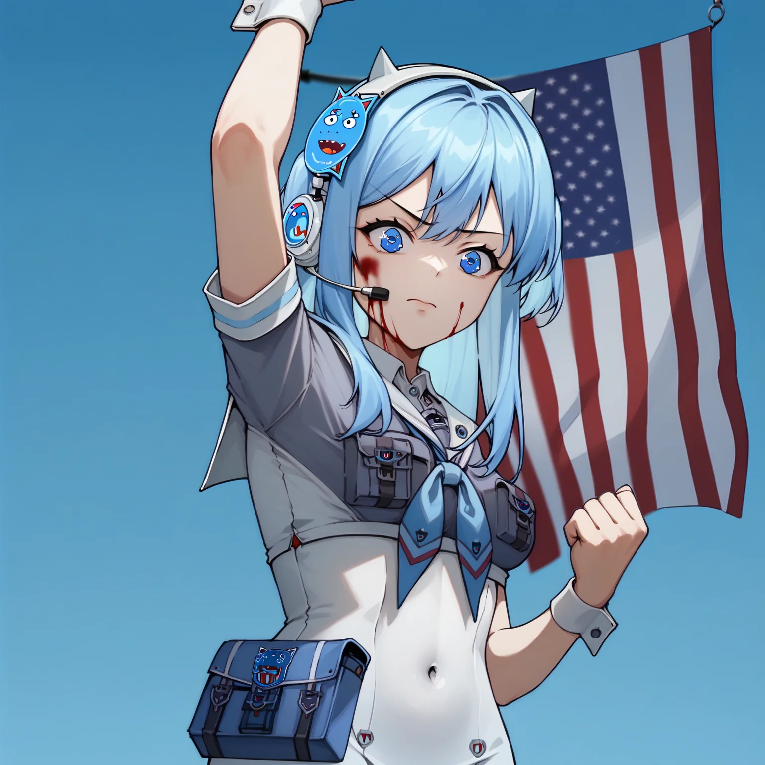 score_9,  score_7_up, BREAK,
<lora:shifty-nikke-richy-v1_pdxl_1:1>, shifty, blue eyes, blue hair, two side up, long hair, hair ornament, animal ear headphones, headset, sailor collar, button badge, serafuku, blue neckerchief, grey shirt, short sleeves, wrist cuffs, breast pockets, breasts, pouch, white dress, covered navel,
<lora:assassinationattemptv1:1>, assassinationattempt, american flag, flag, 1girl, blue sky, arm up, clenched hand, blood on face, solo, pole,