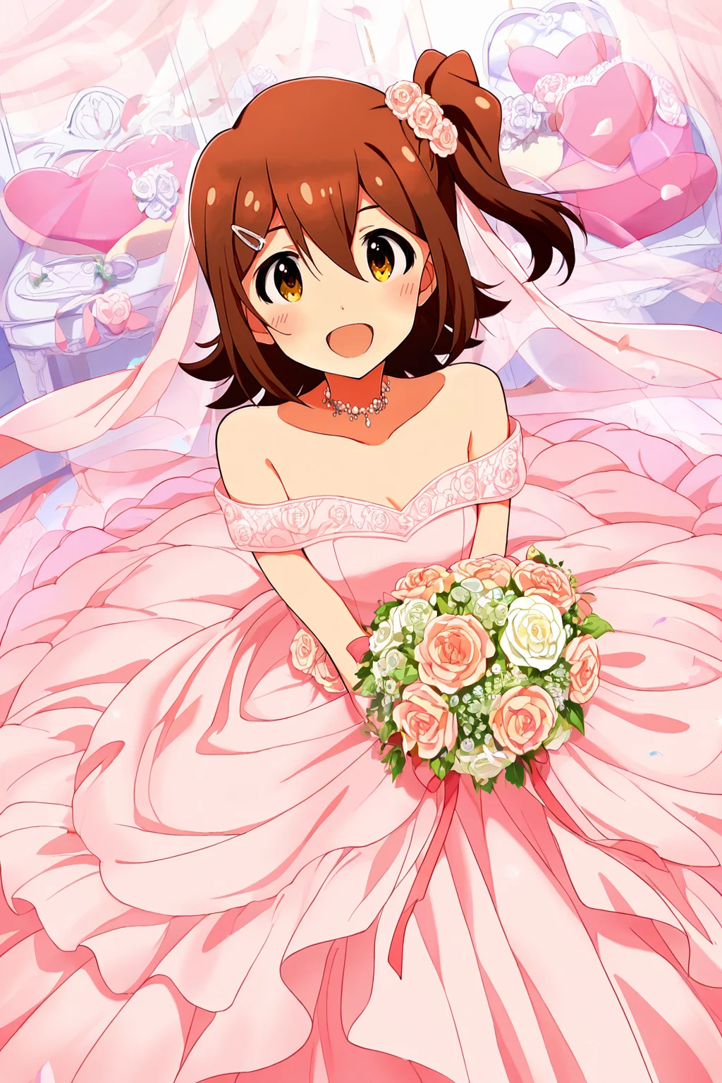 masterpiece,best quality,very aesthetic,absurdres,highres,newest,official art,official style,
1girl,solo,
kasuga mirai,brown eyes,brown hair,hairclip,hair ornament,hair between eyes,one side up,side ponytail,medium hair,
wedding dress,pink dress,
<lora:eye_focus_illus:1>,eye_focus,
<lora:idolmaster_kasuga_mirai_ill_v1.0:1>,