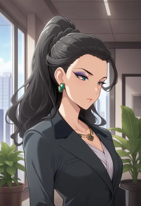 masterpiece,best quality,amazing quality, mishiro joumu, black hair, ponytail, long hair, greenish-blue eyes, 1girl, jewelry, formal, earrings, hair pulled back, suit, necklace, plant, potted plant, office, solo, window, business suit, makeup
