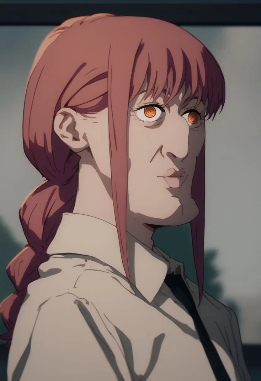 manga; score_9, score_8_up, score_8; source_anime; 1girl, mak1ma0, red hair, long hair, ringed eyes; black pants; white shirt; upper body; looking at viewer; handsomize; side view
