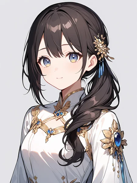 masterpiece,ultra-detailed,best quality,8K,illustration,cute face,clean skin ,shiny hair,girl,ultra-detailed-eyes,simple background, <lora:add-detail-xl:1> <lora:lose sidetail_XL_V1.0:1.2> lose sidetail,side ponytail, hair ornament,long hair