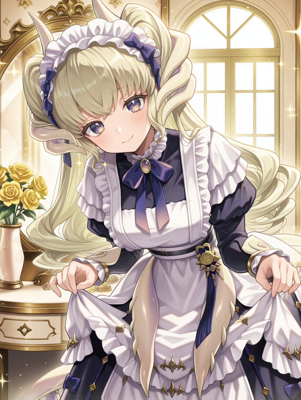 dragonmaid latys,1girl,solo,indoors,flower,looking at viewer,mirror,dressing room,smile,upper body,standing,sparkle,hands up,closed mouth,blue maid dress,blue bow hairband,dragon girl,blue thigh boots,head tilt,yellow flower,,lifting own clothes,leaning forward,
masterpiece,best quality,amazing quality,very aesthetic,absurdres,newest,<lora:Dragonmaid latys illuXL v1:0.77>,