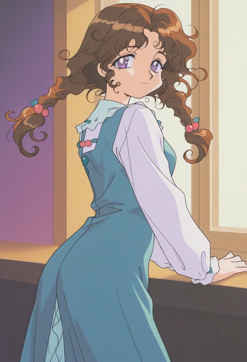 score_9, score_8_up, score_7_up, source_anime,masterpiece, best quality,1990s_(style),1girl,Azuki Tomonaga,solo,purple_eyes,brown_hair,long_hair,wavy_hair,twin_braids,hair_bobbles,blue_dress,long_sleeves,(detailed face and eyes,smile),looking at viewer,(cowboy shot,ass),from side,indoor,livingroom