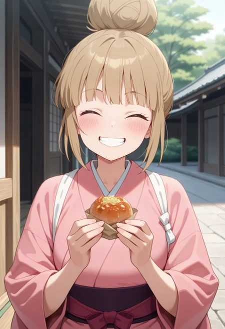 masterpiece,best quality,amazing quality, umenoki mitsuko, light brown hair, single hair bun, 1girl, japanese clothes, solo, closed eyes, food, smile, kimono, hair bun, outdoors, holding food, blush, pink kimono, facing viewer, teeth