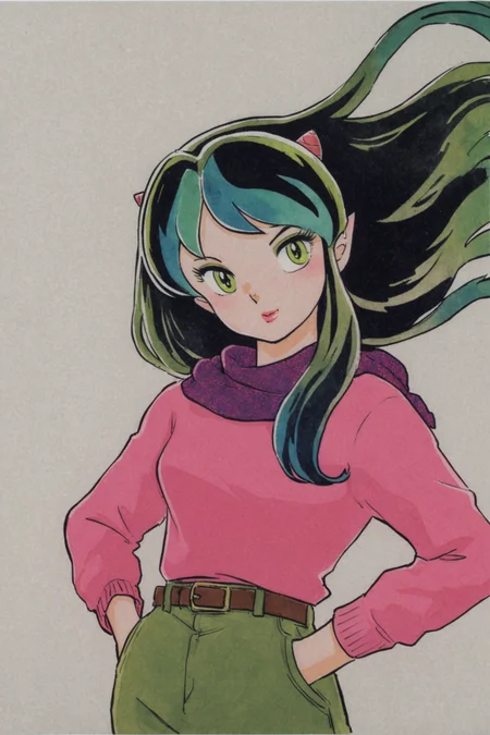 1girl,solo,horns,scarf,long hair,lum,sweater,green hair,white background,pink sweater,green eyes,makeup,hands in pockets,multicolored hair,1980s (style),simple background,casual,oni horns,eyeshadow,belt,traditional media,pointy ears,floating hair,retro artstyle,oni,upper body,<lora:Takahashi Rumiko_XL:0.8>,