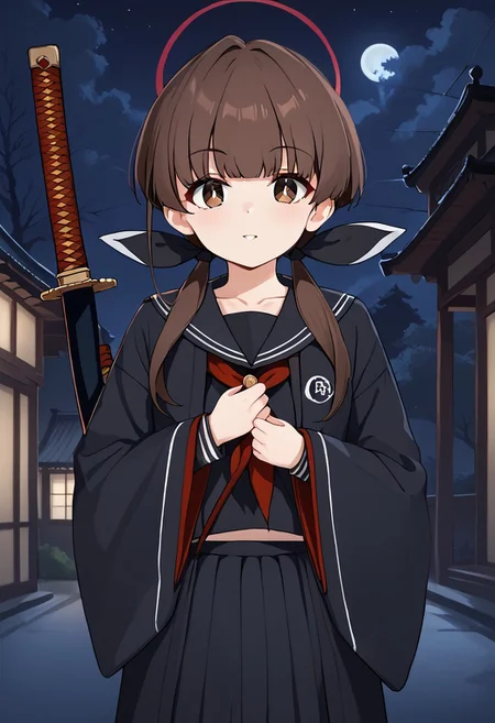 1girl, solo, solo focus, highres, absurdres, Kohane_KV, brown hair, brown eyes, bangs, twintails, low twintails, long hair, halo, hair ribbon, black ribbon,
school uniform, black sailor collar, black serafuku, red neckerchief, pleated skirt, long sleeves, black skirt, wide sleeves, collarbone, black shirt,
looking at viewer, holding sword, katana, unsheathing, holding sheath,
east asian architecture, night, night sky, dark, backlighting, silhouette,