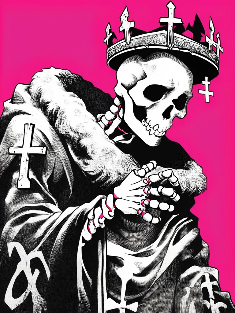 source_comic, score_9, score_8_up,morkborg, solo, simple background, 1boy, upper body, male focus, pink background, cross, crown, red background, skull, robe, skeleton, flat color, cel shading, lineart, crosshatching, monochrome, <lora:MorkBorgPDXL:0.75>