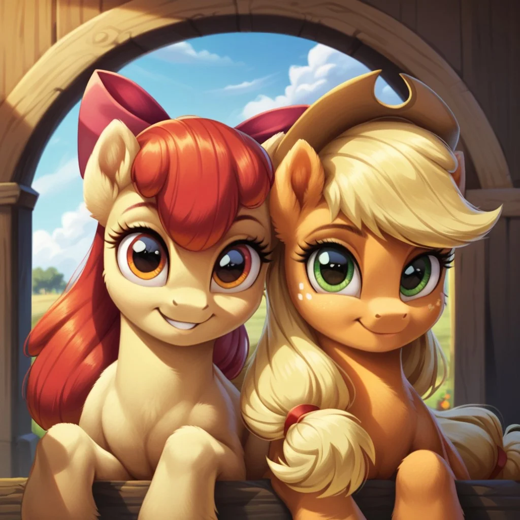 score_9, score_8_up, score_7_up, score_6_up, score_5_up, score_4_up, my little pony, ((feral pony)), Applejack, Apple Bloom, 2girls, ((duo)), (sexy), beautiful, detailed, (detailed cute pony face), detailed eyes, detailed fur, detailed hooves, beautiful, vector, flat colors, (beautiful long eyelashes), (beautiful hooves), simple background, ((colorful background)), (looking at you, looking at viewer:1.5), smiling, cute smile, ((close-up)), high angle