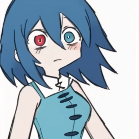 KKHTA_style, sharp_edges, masterpiece, best quality, (upperbody), (tatara kogasa), (simple background:1.3), (white background), <lora:Sloppy Drawing:0.7>, blue dress, kogasa dress, blue hair, heterochromia, red eyes, blue eyes