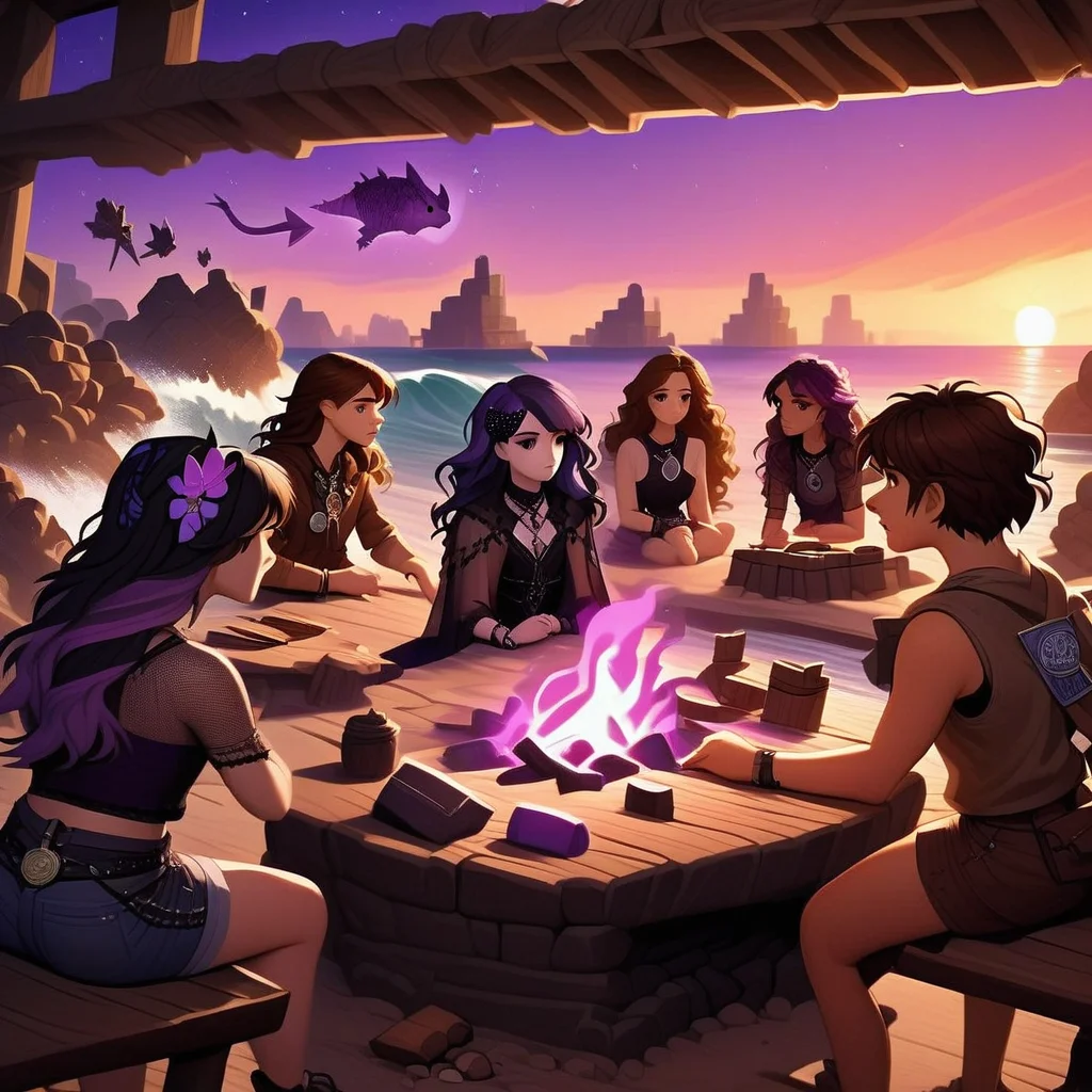 bddstyle, dinosaur, looking afar, two-tone hair, day, purple flower, brown hair, see-through, demon horns, campfire, waves, table, bracelet, medal, wavy hair, brown coat, 1other, sunrise, arrow (projectile), gothic, denim shorts, brown skirt, shorts, butterfly hair ornament, tank, wizard, holding knife
