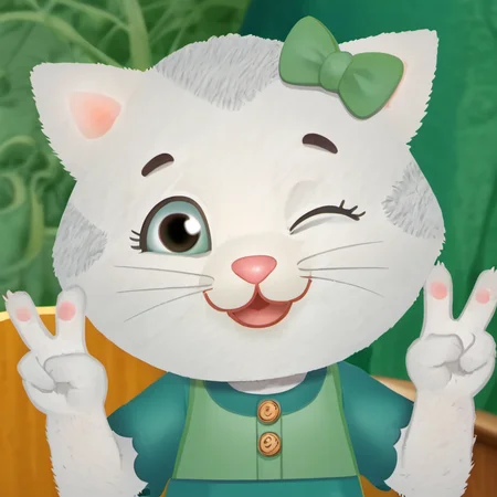 1girl, solo, kkdtn1, (green eyes), head tilt, double v, v, open smile, :3, wink, winking, whiskers, hair bow, green dress, short sleeves, dress, green bow, cat ears, cat, animal ears, furry, dynamic pose, furry female, upper body, looking at viewer, short, <lora:kkdtn1:1>,