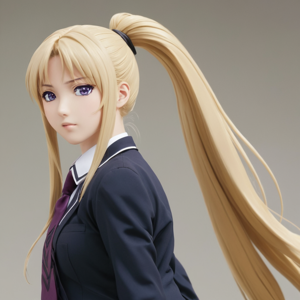cinematic film still of  <lora:Chiaroscuro Lighting Style:0.8>Chiaroscuro Lighting Style
 <lora:BB_Kaori Saeki:0.6> Kaori Saeki blonde (((purpleeyes))) ((closeup))
Kaori Saeki a woman in a school uniform is posing,1girl,solo,long hair,blue eyes,skirt,blonde hair,simple background,long sleeves,white background,school uniform,ponytail,pleated skirt,necktie,red skirt,blonde hair,long hair,pony tail,eroge,anime,manga,nsfw,cartoon,Adult animation,explicit,Original video animation,Baiburu Burakku style,Bible Black style ,blonde hair, long hair, pony tail, eroge,anime,manga,nsfw,cartoon,Adult animation,explicit,Original video animation, Baiburu Burakku style, Bible Black style, school girl outfit, shallow depth of field, vignette, highly detailed, high budget, bokeh, cinemascope, moody, epic, gorgeous, film grain, grainy