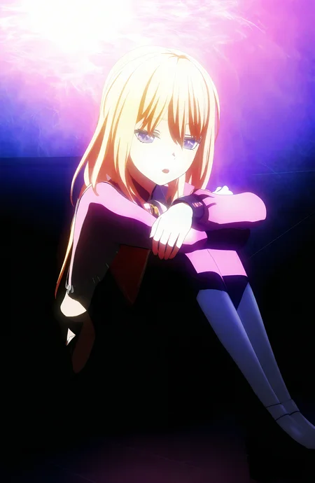 1girl, solo, long_hair, open_mouth, blonde_hair, sitting, purple_eyes, hugging_own_legs