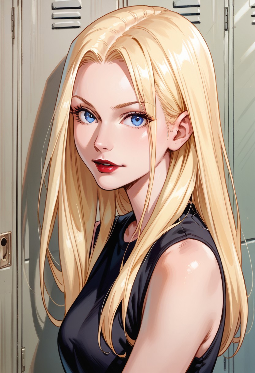 score_8, score_8_up, score_7_up, official art, 1girl, female focus, solo, SSMC2, blue eyes, blonde hair, long hair, red lips, black shirt, sleeveless, portrait, looking at viewer, indoors, locker