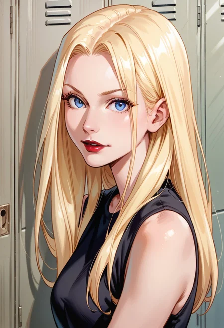 score_8, score_8_up, score_7_up, official art, 1girl, female focus, solo, SSMC2, blue eyes, blonde hair, long hair, red lips, black shirt, sleeveless, portrait, looking at viewer, indoors, locker