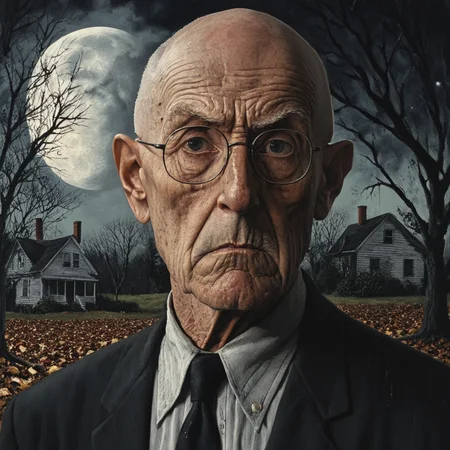<lora:Rural_EldrichSDXL:1> Rural Eldrich, The image is a portrait of an elderly man with a serious expression on his face. He is wearing a black suit and tie and has a pair of glasses on. The man is bald and appears to be in his late 60s or early 70s. He has a wrinkled face and is looking directly at the camera with a slight frown. The background is a dark and eerie landscape with a full moon in the sky and a house in the distance. The house is a two-story building with a sloping roof and a chimney. There are trees and bushes surrounding the house and the ground is covered in fallen leaves. The overall mood of the image is somber and melancholic., 1boy, glasses, male focus, tree, moon, solo, necktie, bald, realistic, old