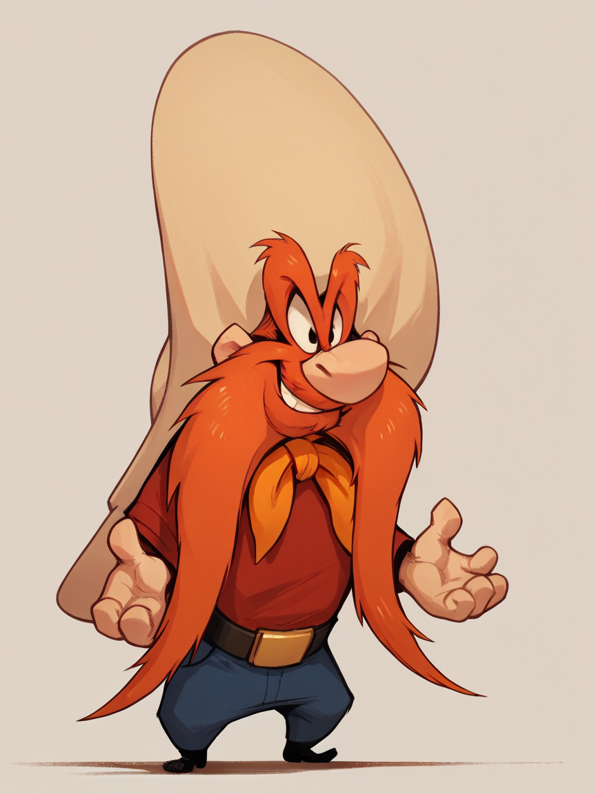 score_9, score_8_up, score_7_up, score_6_up, score_5_up,  <lora:YosemiteSamXLP:1> 1boy, solo, yosemite sam, orange hair, facial hair, neckerchief, hat