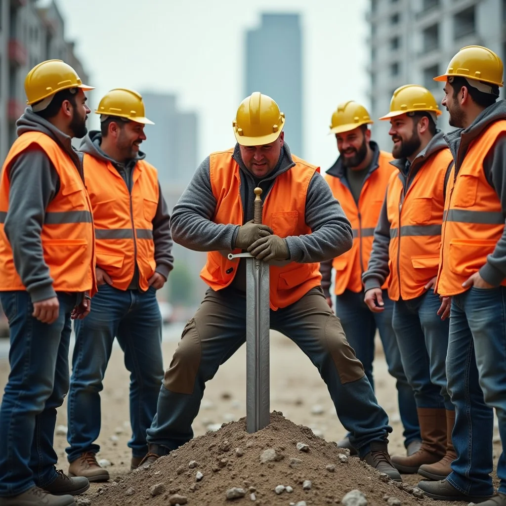 Construction workers in safety gear, surrounding a sword embedded in a stone, a burly construction worker is struggling to take the sword off the stone while the others cheer on him, city construction site background