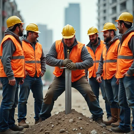 Construction workers in safety gear, surrounding a sword embedded in a stone, a burly construction worker is struggling to take the sword off the stone while the others cheer on him, city construction site background