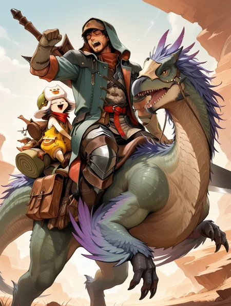hope male armor, 1boy, seikret, facial hair, open mouth, closed eyes, male focus, beard, watermark, sitting, riding, black hair, huge sword, short hair, teeth, holding object, red scarf, 2others, felyne, ushanka, yellow jumpsuit, weapon on back, green coat, green hood, brown cap, brown knee boots, white pants, white shirt, red belt, brown pouch, white gloves, winged arms, dinosaurs
masterpiece,best quality,amazing quality,very aesthetic,absurdres,newest,<lora:MHWilds hope armor illuXL v1:0.8>,