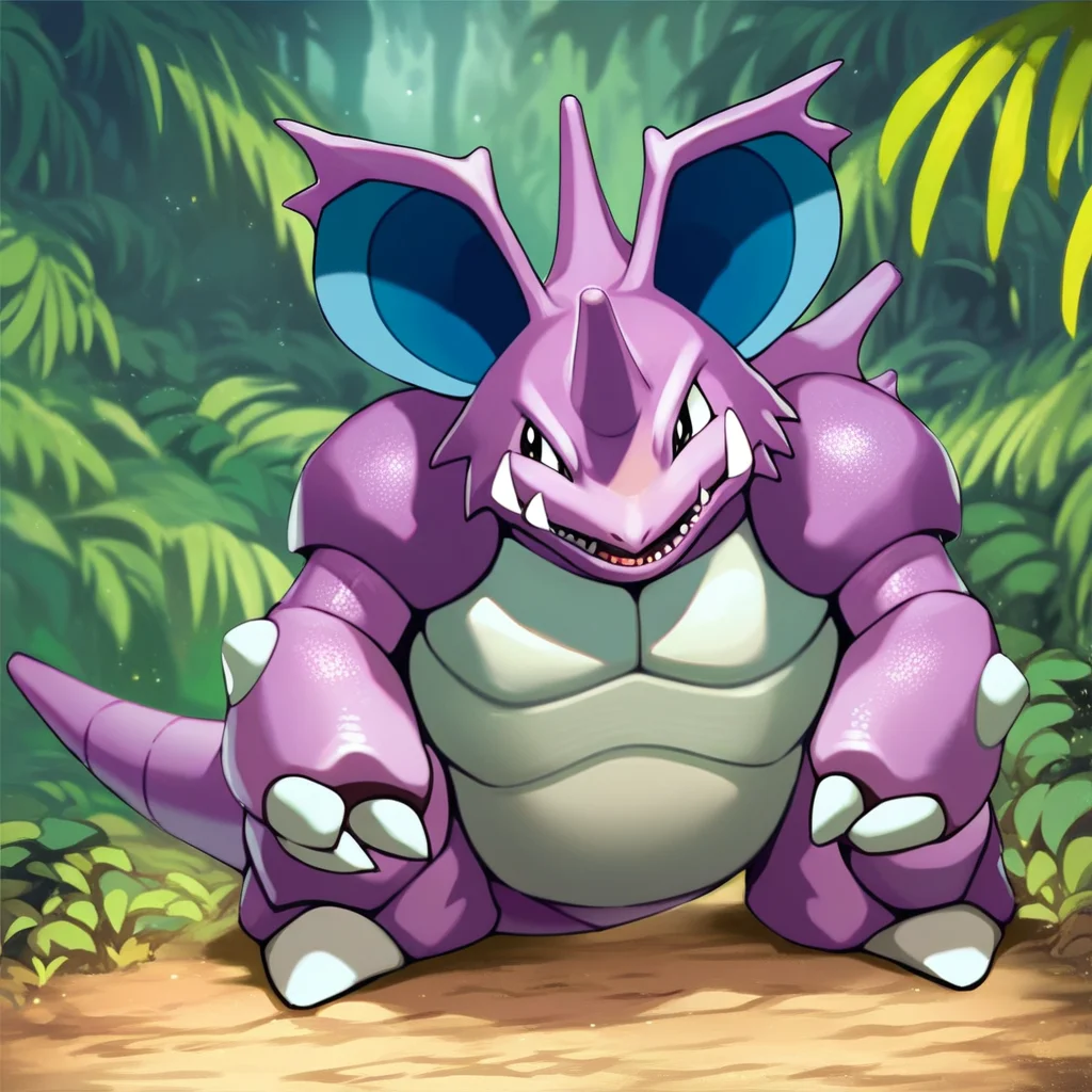 (source_anime, score_9, score_8_up, score_7_up:1), solo male, nidoking, feral, looking to the side, smile, outdoors, jungle